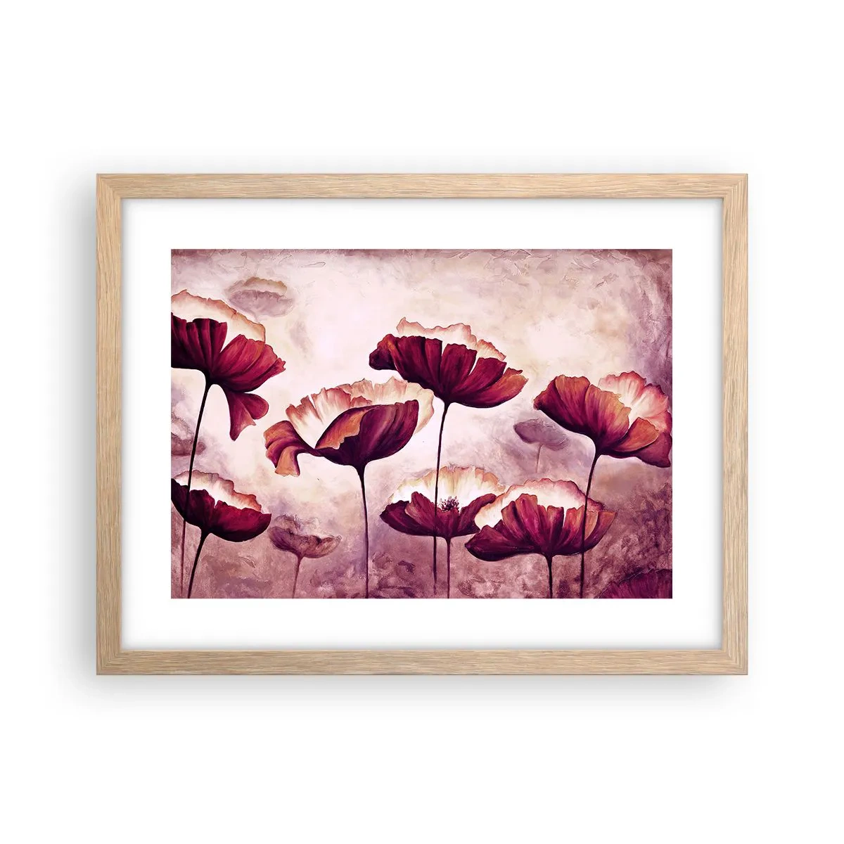 Poszter világos tölgy keretben - Piros és fehér szirom - 40x30 cm