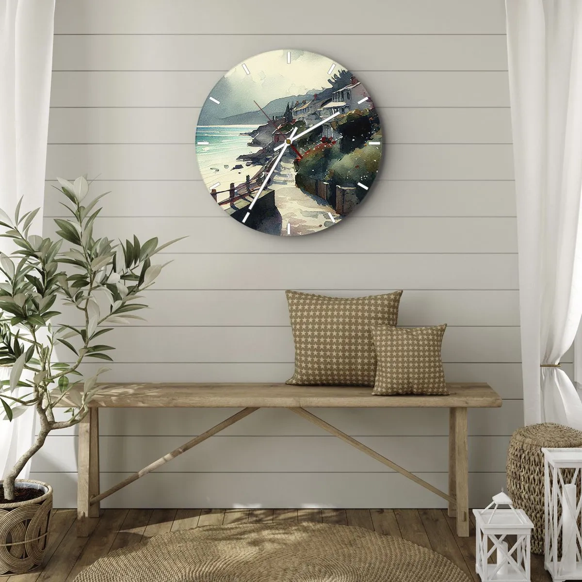 Falióra, Óra - Tengerparti ösvény, amely mediterrán épületeken keresztül vezet, kilátással a tengerre - 30x30cm - Mediterrán város - Modern fali dekoráció nappalihoz, konyhához és hálószobához ARTTOR
