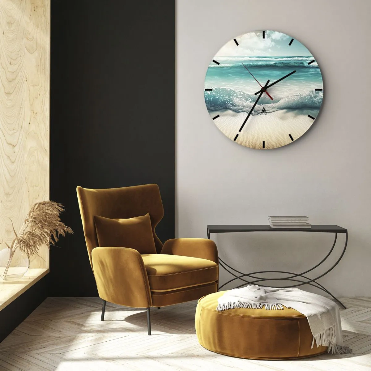 Falióra, Óra - Türkiz hullámok csapódnak a homokos tengerparton - 30x30cm - Az óceán nyugalma - Modern fali dekoráció nappalihoz, konyhához és hálószobához ARTTOR