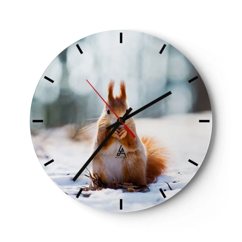 Falióra, Óra - Egy mókus a hóban, téli tájban - 30x30cm - Mit nézel? - Modern fali dekoráció nappalihoz, konyhához és hálószobához ARTTOR