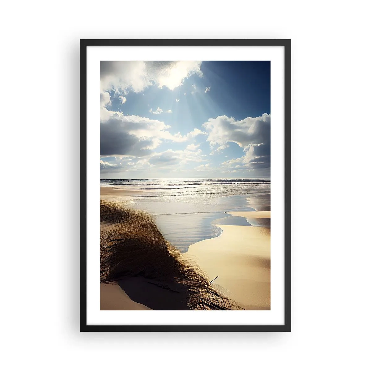 Poszter fehér keretben - Strand naplementekor hullámokkal és felhőkkel - 50x70cm - Tengerpart, vad tengerpart - Modern fali dekoráció nappalihoz és hálószobához ARTTOR