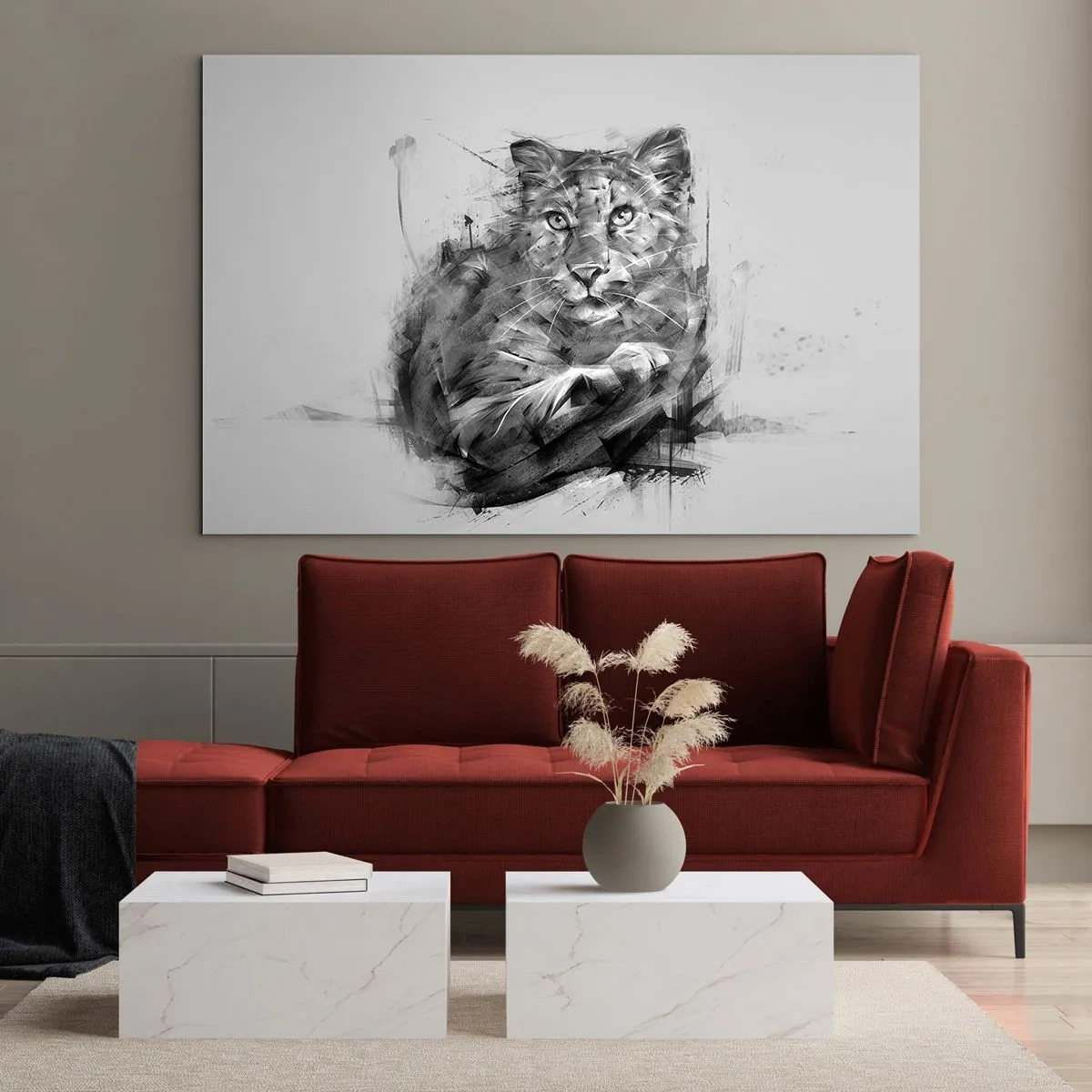 Üveg kép - Egy tigris rajza monokróm stílusban, világos háttér előtt - 70x50cm - Igen, figyelmesen hallgatok - Modern fali dekoráció nappalihoz és hálószobához ARTTOR