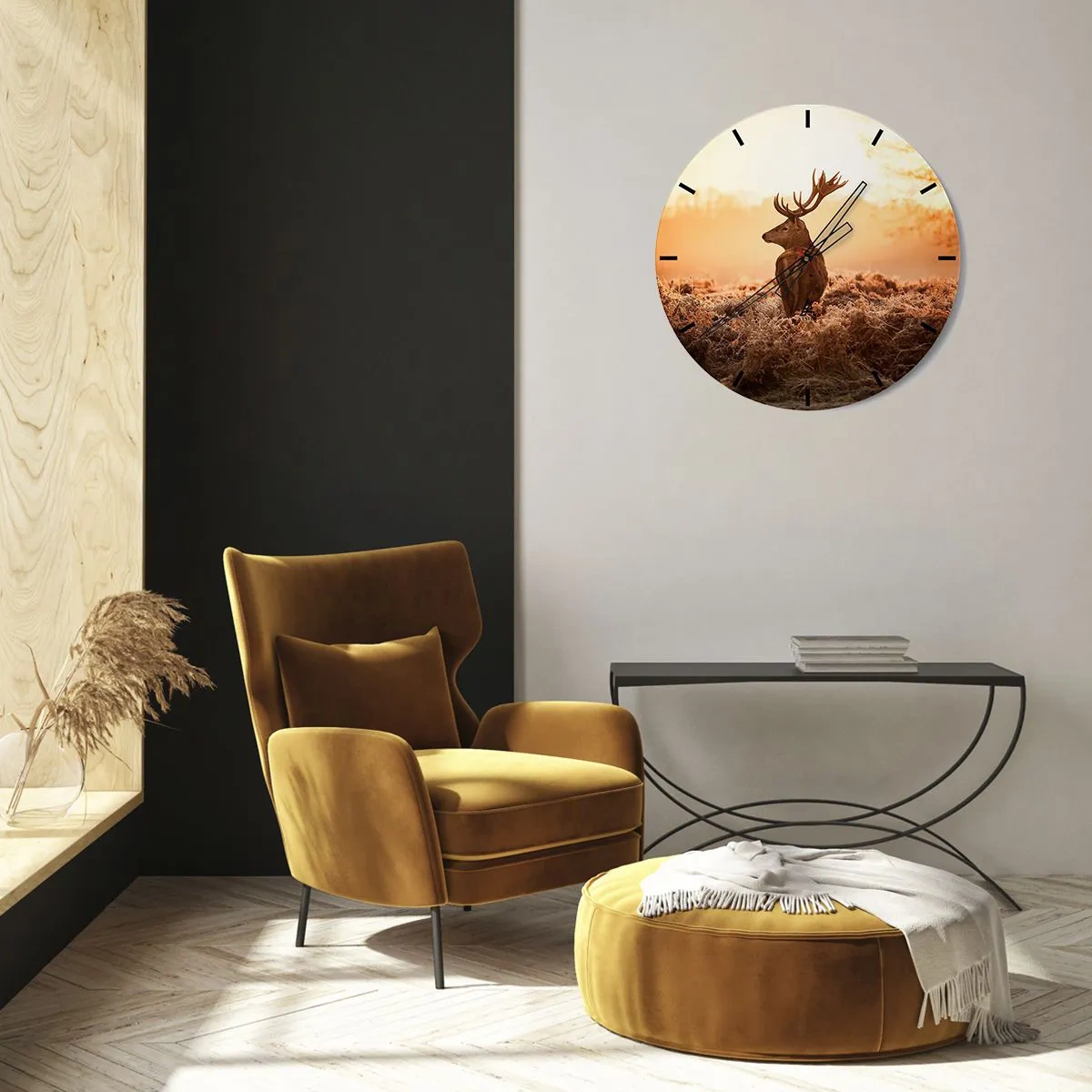 Falióra, Óra - Szarvasok a reggeli ködben, meleg arany árnyalatokban - 30x30cm - A birtok ura - Modern fali dekoráció nappalihoz, konyhához és hálószobához ARTTOR