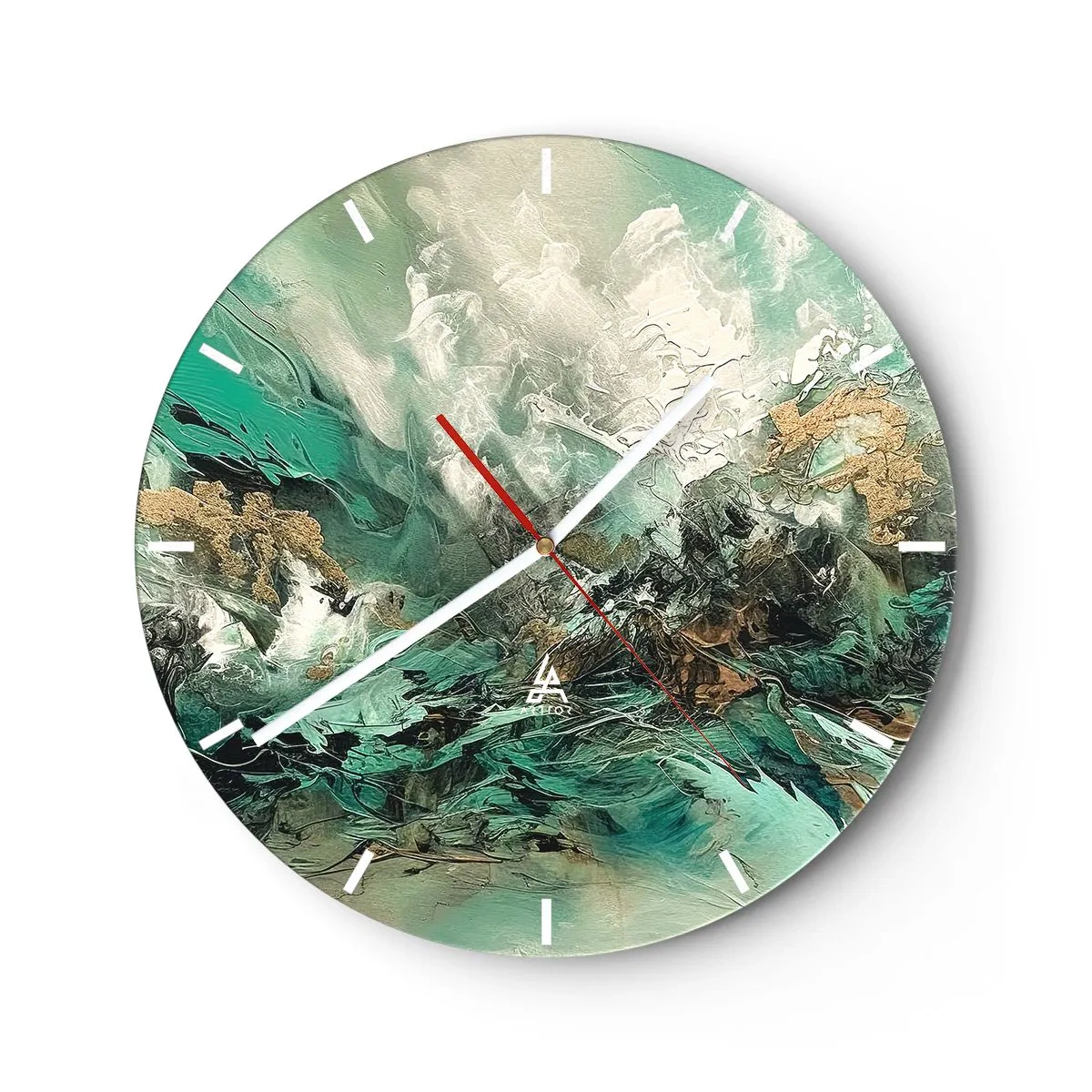 Falióra, Óra - Dinamikus absztrakció zöld, fehér és arany színben - 30x30cm - Smaragd-fekete kelés - Modern fali dekoráció nappalihoz, konyhához és hálószobához ARTTOR