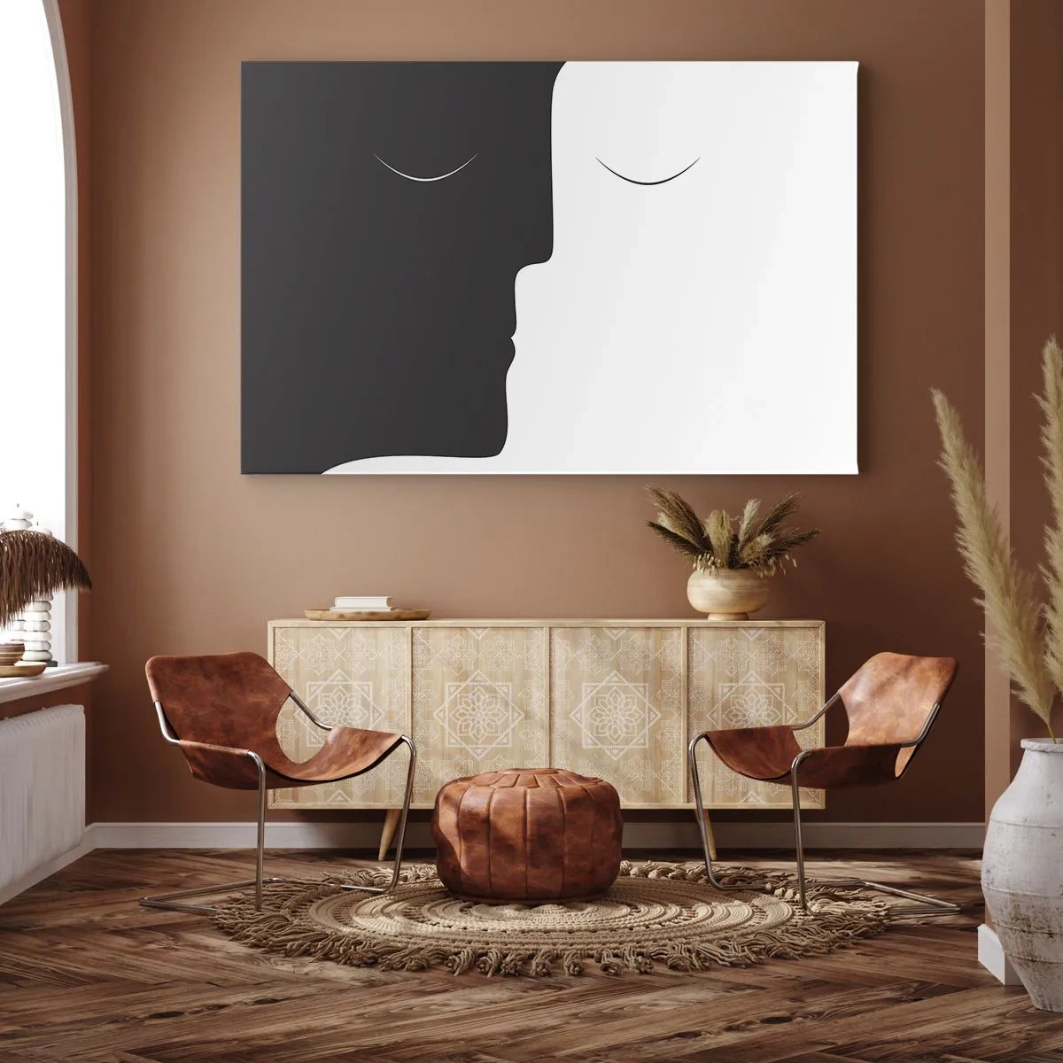 Vászonkép - Két arc minimalista sziluettje kontrasztos színekben. - 70x50cm - Az ellentétek egysége - Modern fali dekoráció nappalihoz és hálószobához ARTTOR