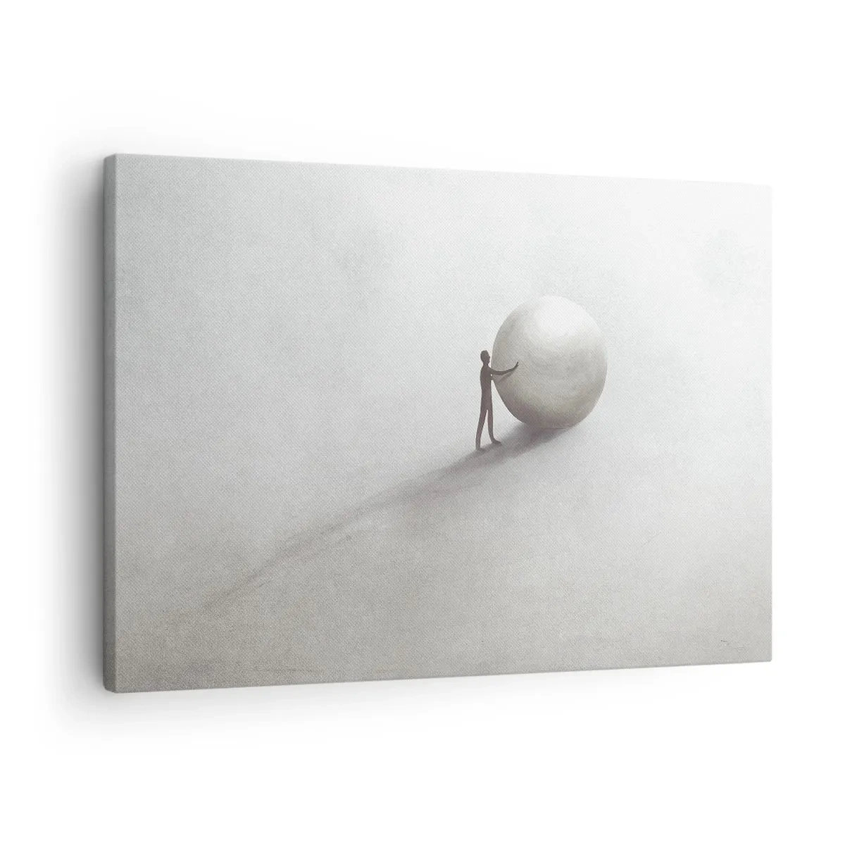 Vászonkép - Egy minimalista figura egy labdával világos, monokróm háttér előtt. - 70x50cm - Az élet játéka - Modern fali dekoráció nappalihoz és hálószobához ARTTOR