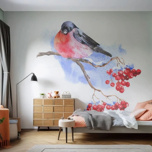 Fotótapéta Premium Canvas - Téli színben - Madár Egy Ág, Vörös Rowan, Grafika - 350x256 cm