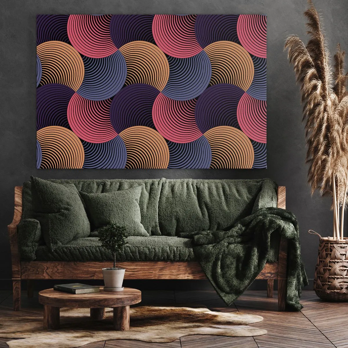Vászonkép - Geometrikus körök rózsaszín, lila és arany árnyalatokban - 70x50cm - Körkörös ritmusban - Modern fali dekoráció nappalihoz és hálószobához ARTTOR