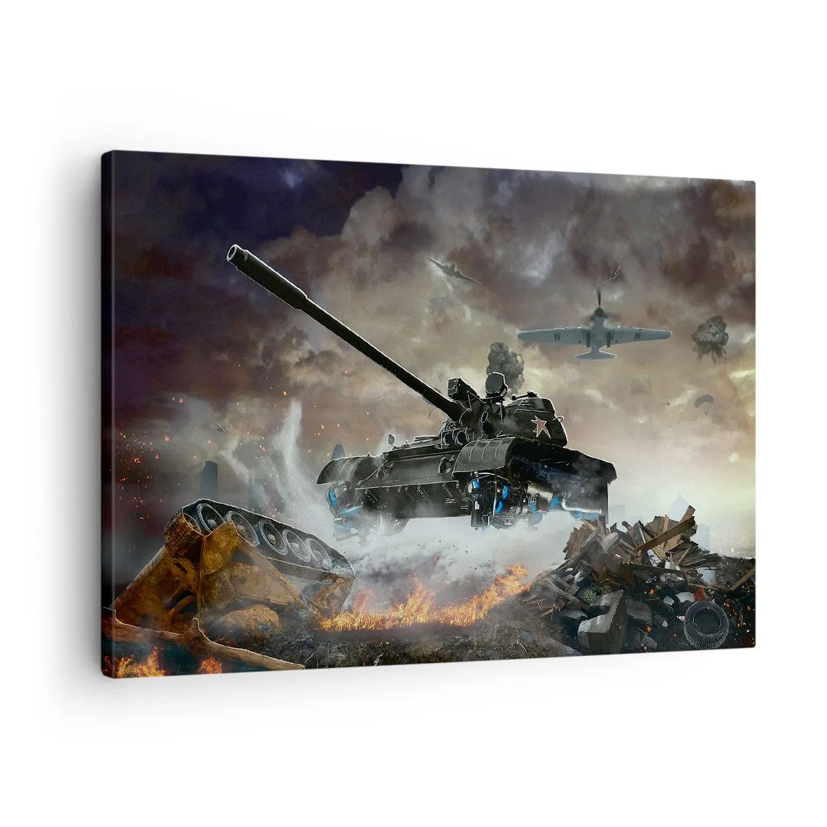 Vászonkép - Csatajelenet tankokkal és repülőgépekkel a háttérben - 70x50cm - A csata szörnyű és gyönyörű - Modern fali dekoráció nappalihoz és hálószobához ARTTOR