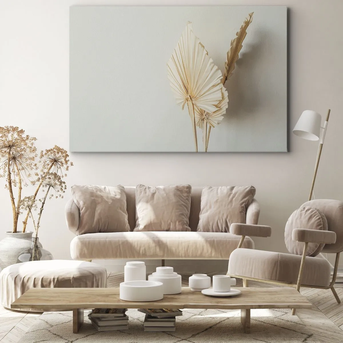 Vászonkép - Szárított pálmalevelek minimalista elrendezésben - 70x50cm - Ha vigaszra van szükséged - Modern fali dekoráció nappalihoz és hálószobához ARTTOR