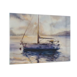 Üveg kép - Egy jacht kikötve egy csendes öbölben alkonyatkor - 70x50cm - Este az öbölben - Modern fali dekoráció nappalihoz és hálószobához ARTTOR