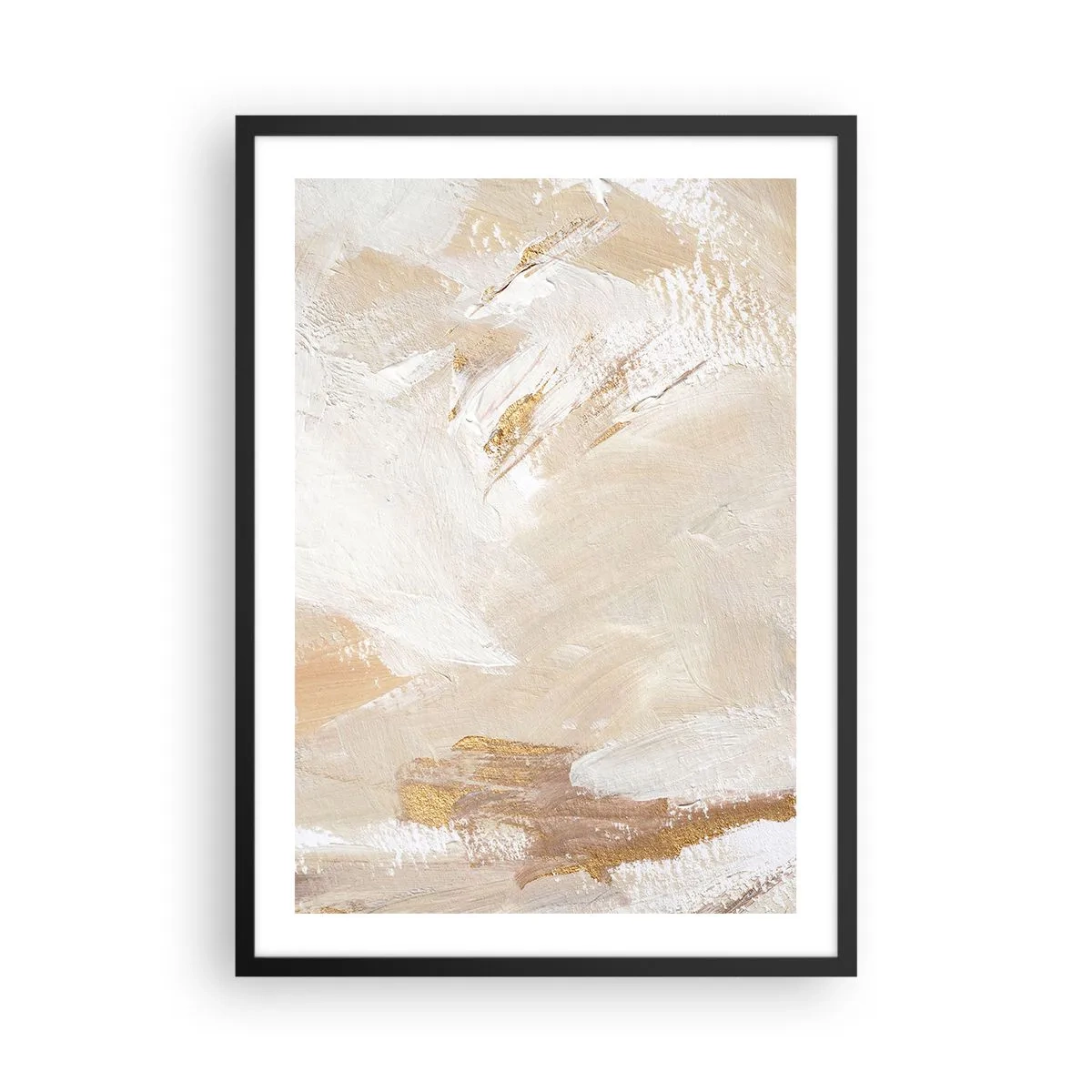 Poszter fehér keretben - Absztrakt ecsetvonások bézs és arany színben - 50x70cm - Pasztell kompozíció - Modern fali dekoráció nappalihoz és hálószobához ARTTOR