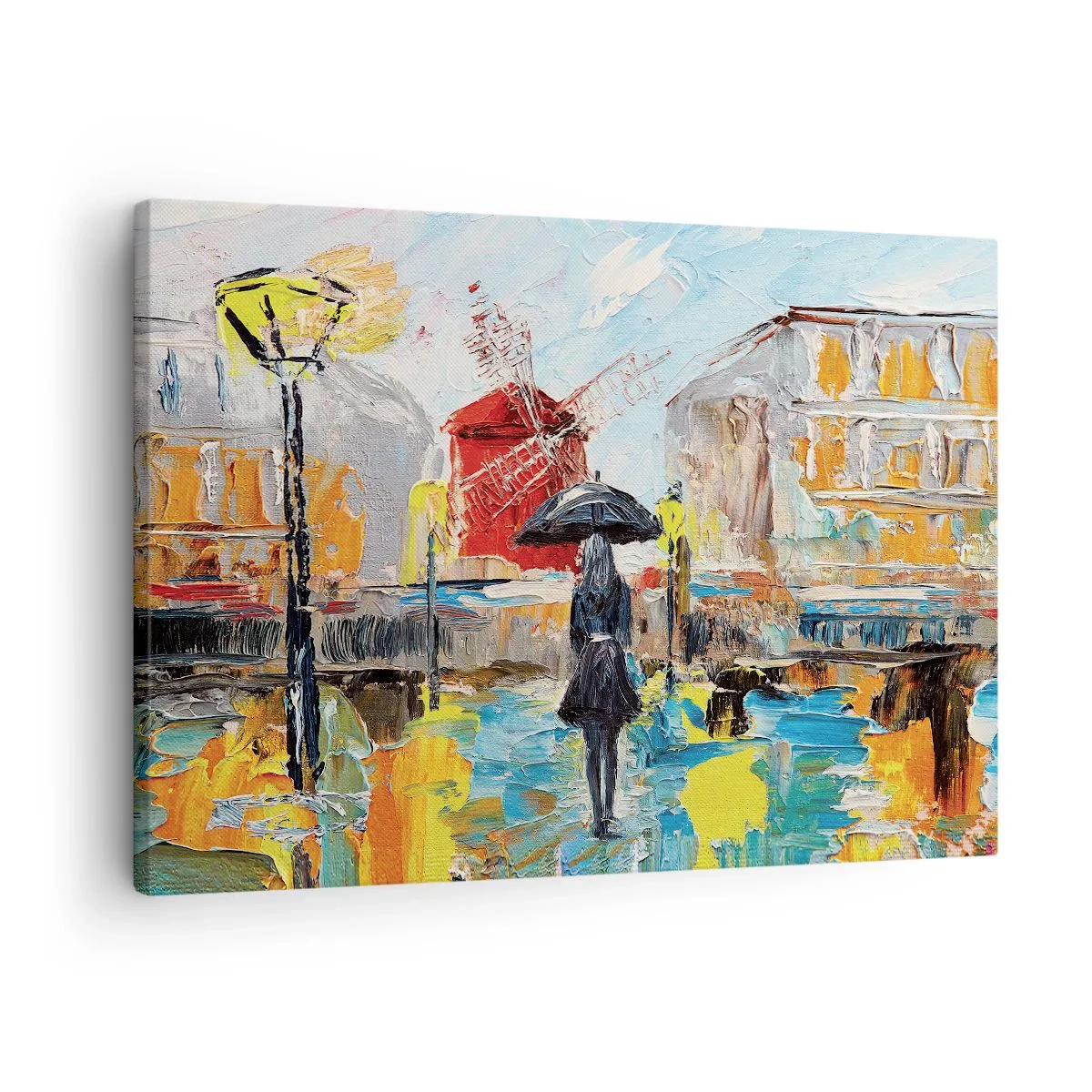 Vászonkép - Egy festői jelenet egy esernyővel Párizs élénk színekkel tarkított hátterében. - 70x50cm - Párizsi legendák - Modern fali dekoráció nappalihoz és hálószobához ARTTOR
