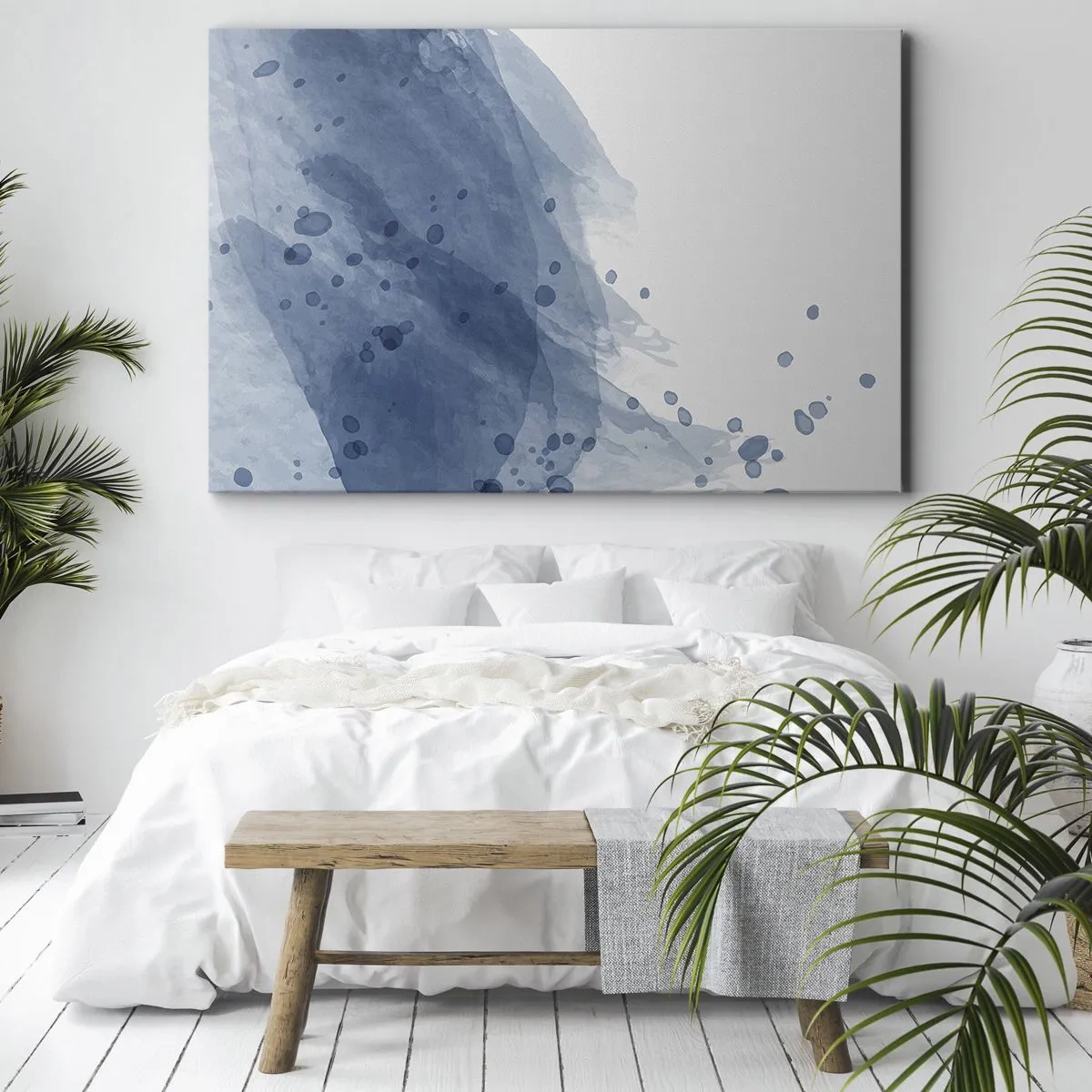 Vászonkép - Absztrakt foltok és csíkok kék árnyalatokban - 70x50cm - Kék tüll - Modern fali dekoráció nappalihoz és hálószobához ARTTOR