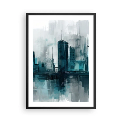 Poszter fehér keretben - Modern városi panoráma kék árnyalatokban - 50x70cm - Esőszínű város - Modern fali dekoráció nappalihoz és hálószobához ARTTOR