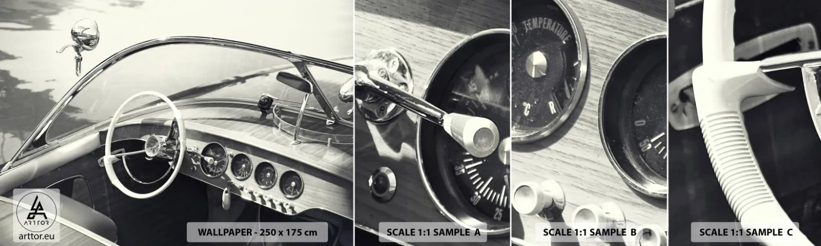 Fotótapéta Minta Öntapadós Deluxe Sticker - Időjárás a gazdagoknak - Vintage hajó, Motorcsónak, Fekete és fehér - 100x30 cm