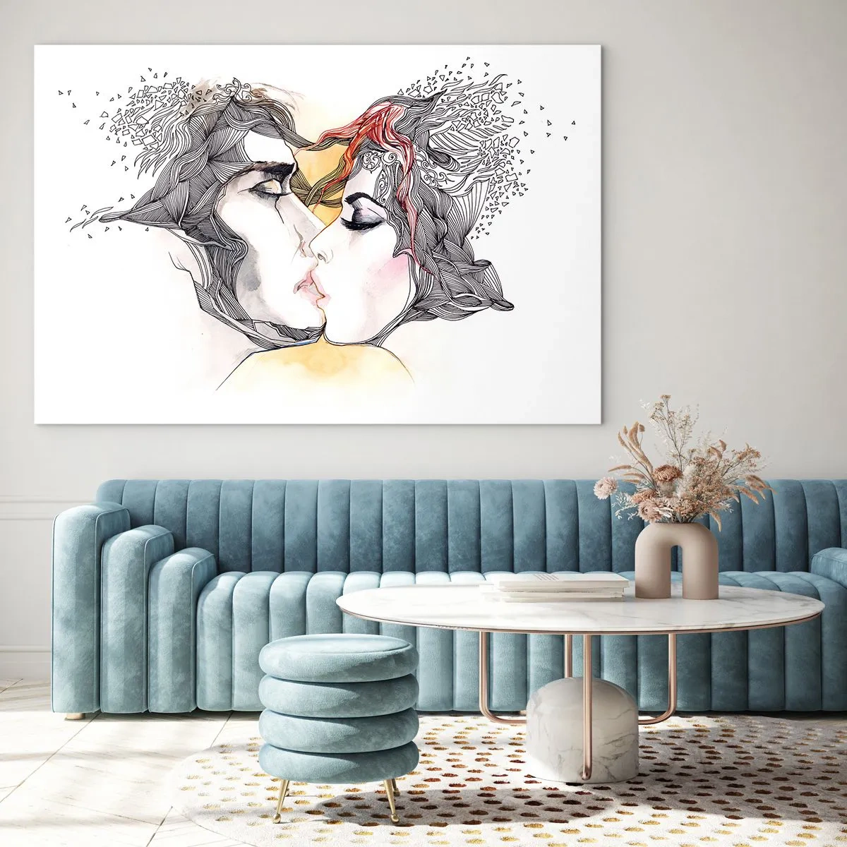 Üveg kép - Absztrakt pár csókolózik művészi mintákkal - 70x50cm - A világ nem létezik - Modern fali dekoráció nappalihoz és hálószobához ARTTOR