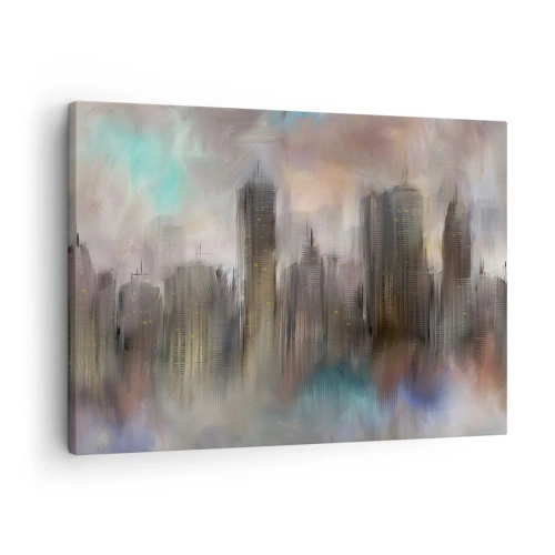Vászonkép - Egy városi táj művészi víziója pasztellszínű felhőkarcolókkal. - 70x50cm - Acél, kő és köd összetétele - Modern fali dekoráció nappalihoz és hálószobához ARTTOR