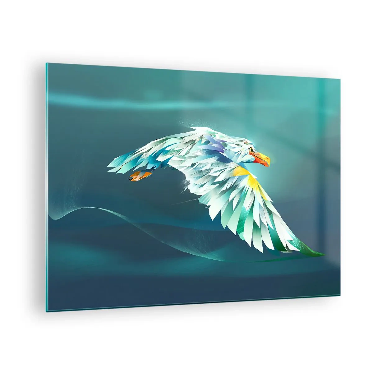 Üveg kép - Egy sas absztrakt képe kék és fehér árnyalatokban, hullámok hátterében. - 70x50cm - A repülésed ereje mint a sasé - Modern fali dekoráció nappalihoz és hálószobához ARTTOR