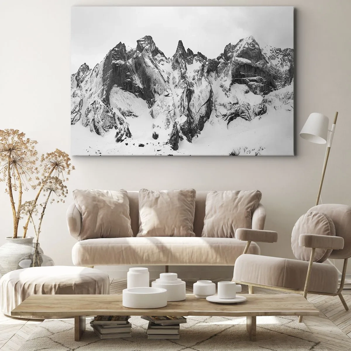 Vászonkép - Fekete-fehér hófödte hegycsúcsok - 70x50cm - Rémes gránit hegygerinc - Modern fali dekoráció nappalihoz és hálószobához ARTTOR