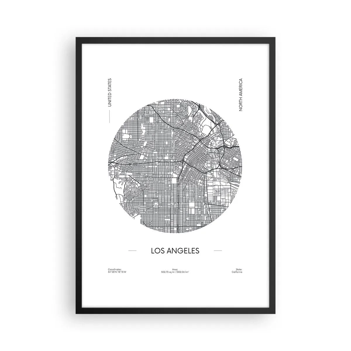 Poszter fehér keretben - Los Angeles minimalista térképe fekete-fehérben. - 50x70cm - Los Angeles anatómiája - Modern fali dekoráció nappalihoz és hálószobához ARTTOR