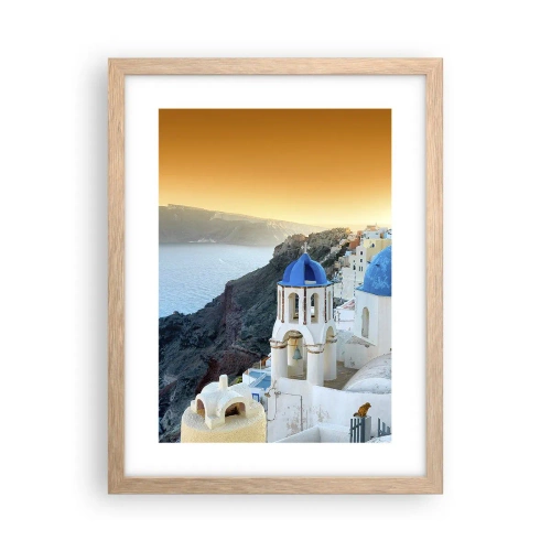 Poszter világos tölgy keretben - Santorini – rásimulva a sziklákra - 30x40 cm