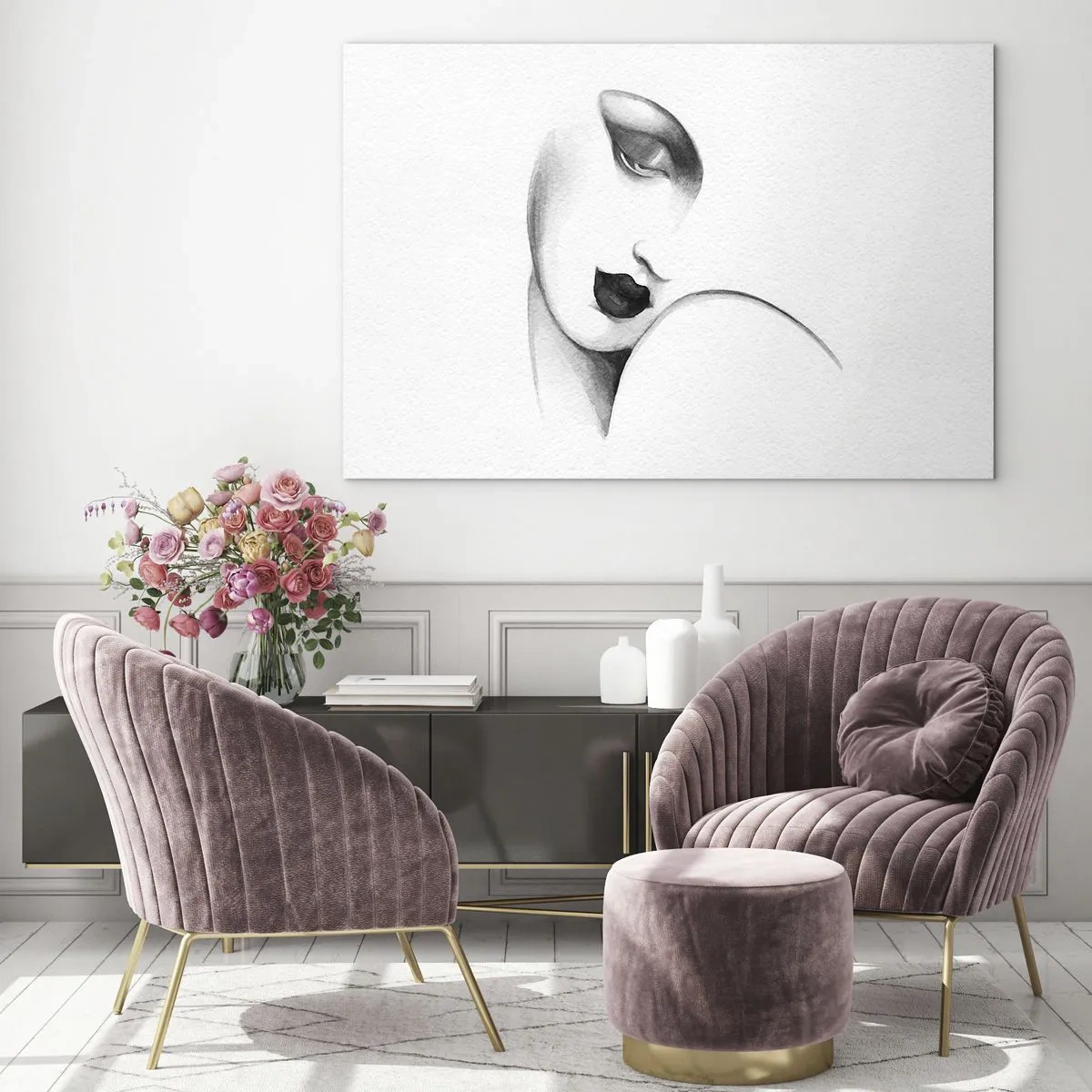 Üveg kép - Art Deco vázlat egy női arcról fekete-fehérben - 70x50cm - Łempicka stílusában - Modern fali dekoráció nappalihoz és hálószobához ARTTOR