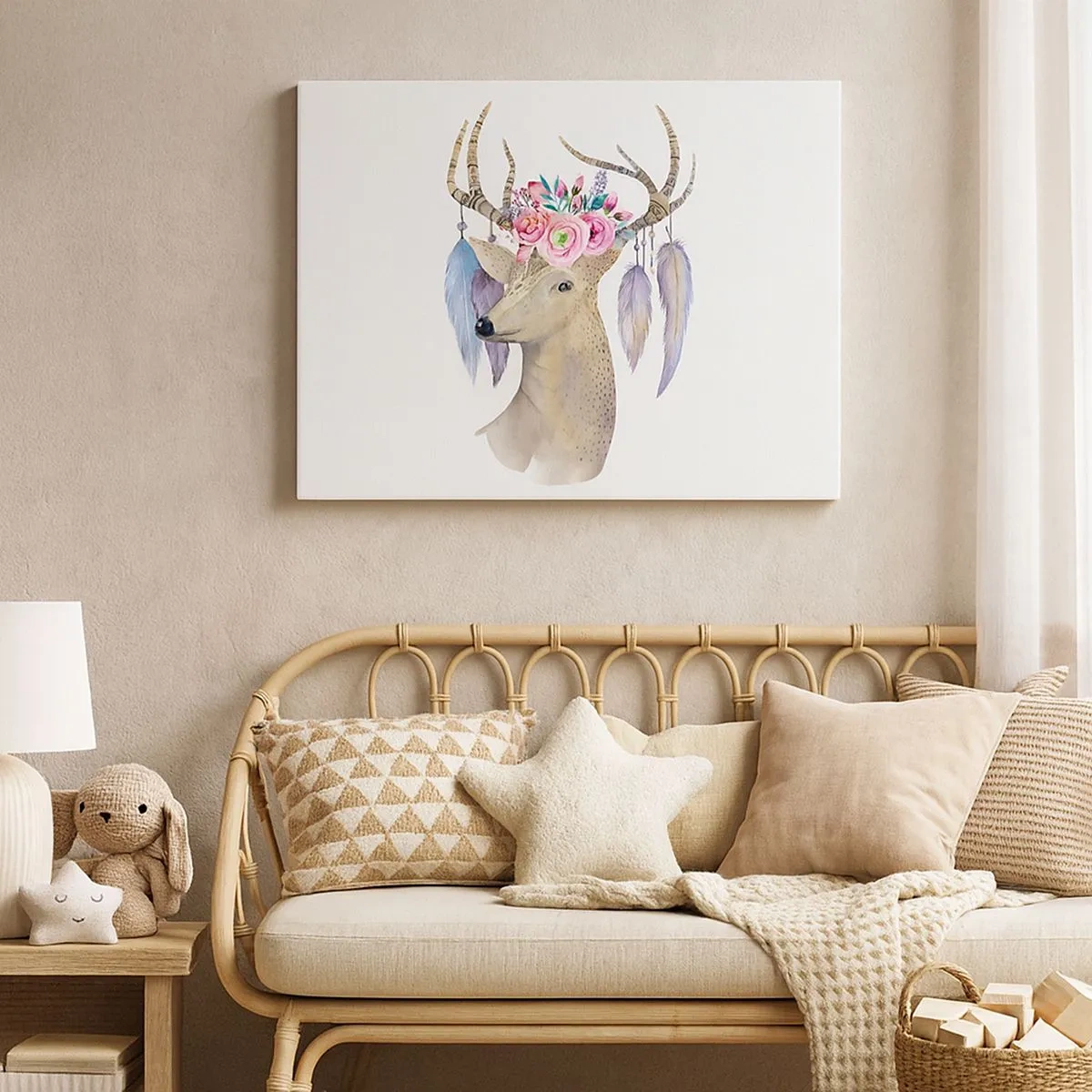 Vászonkép - Romantikus szarvas grafika virágokkal és tollakkal - 70x50cm - Lélekvezető – szelíd, ártatlan - Modern fali dekoráció nappalihoz és hálószobához ARTTOR