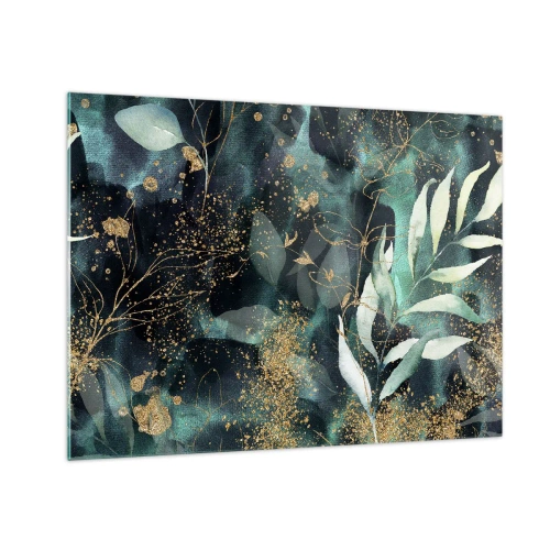 Üveg kép - Arany és zöld levelek sötét háttér előtt - 70x50cm - Elvarázsolt kert - Modern fali dekoráció nappalihoz és hálószobához ARTTOR