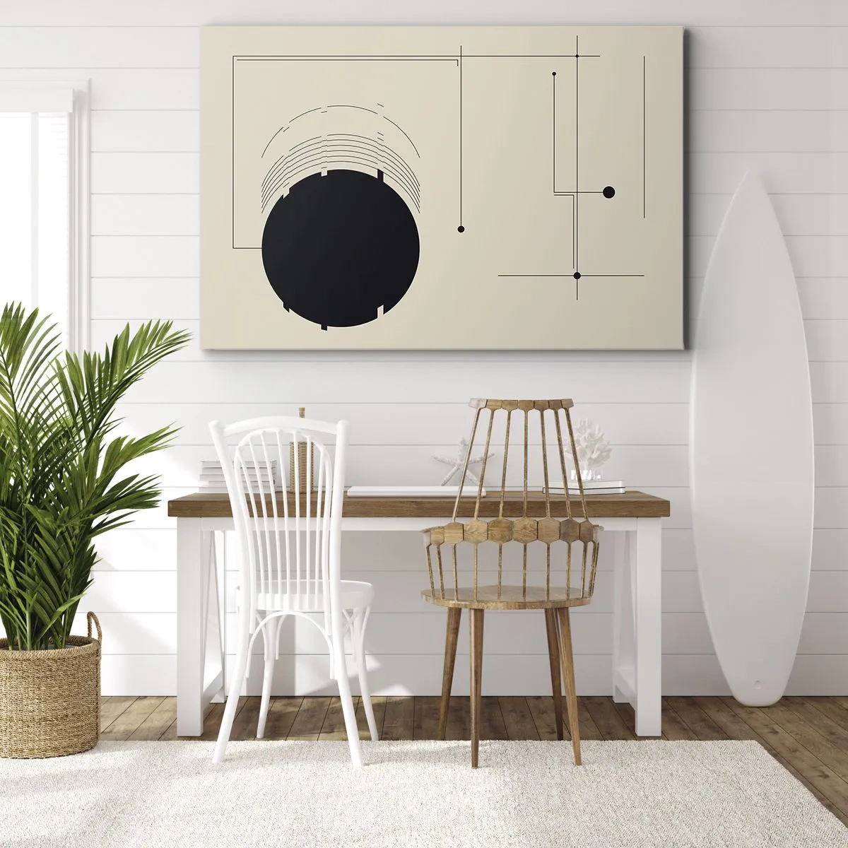 Vászonkép - Fekete geometrikus vonalak és egy kör bézs alapon - 70x50cm - Ruganyos és dinamikus kompozíció - Modern fali dekoráció nappalihoz és hálószobához ARTTOR