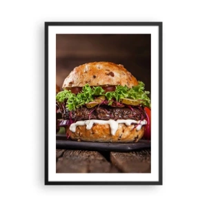 Poszter fehér keretben - Ínycsiklandozó burger zöldségekkel és szósszal - 50x70cm - American dream - Modern fali dekoráció nappalihoz és hálószobához ARTTOR