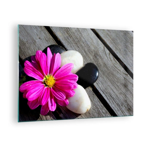 Üveg kép - Rózsaszín virág kövekkel, fából készült háttéren - 70x50cm - Pihenés a mólón - Modern fali dekoráció nappalihoz és hálószobához ARTTOR