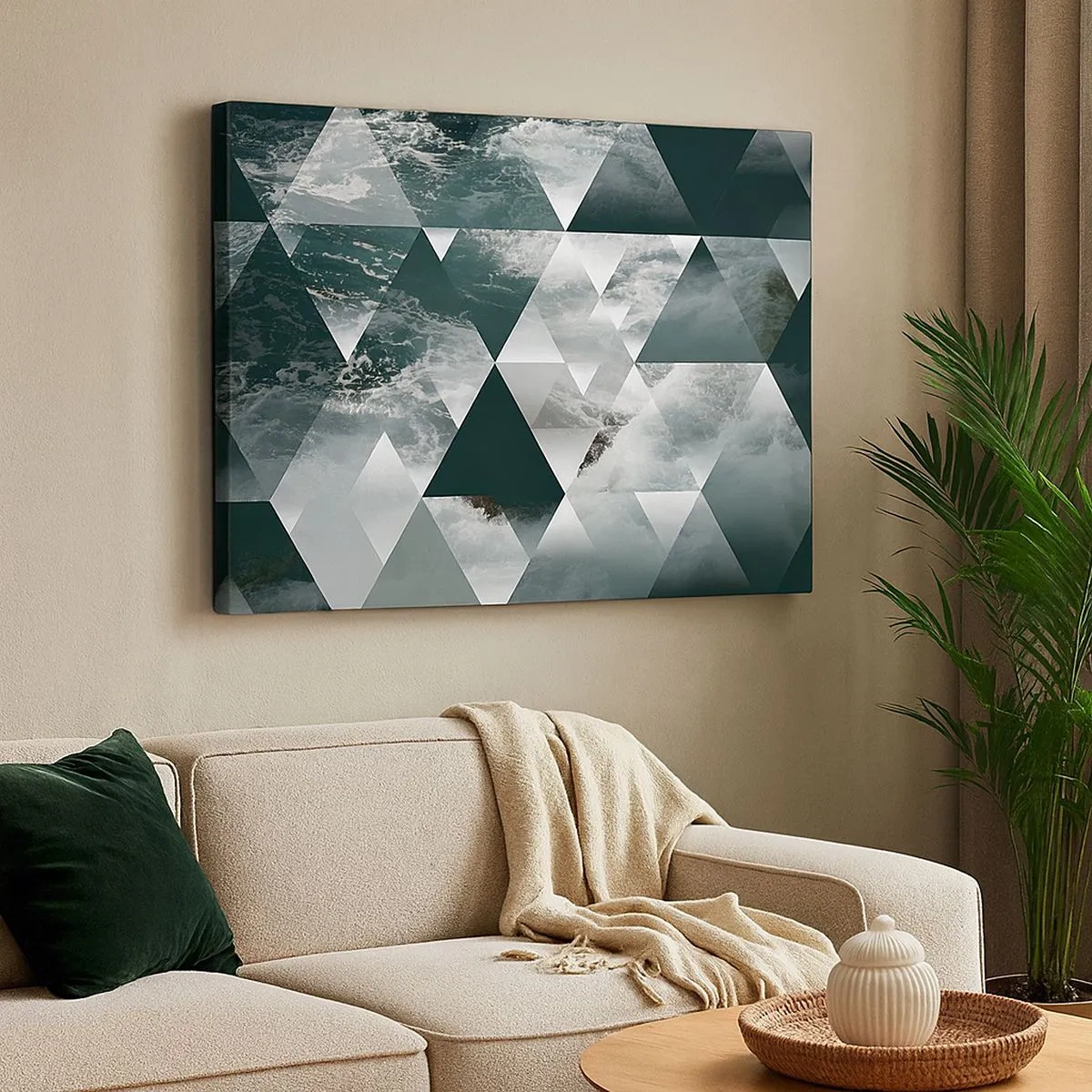 Vászonkép - Geometrikus minta zöld árnyalatú hullámmotívummal - 70x50cm - Kristály perspektíva - Modern fali dekoráció nappalihoz és hálószobához ARTTOR