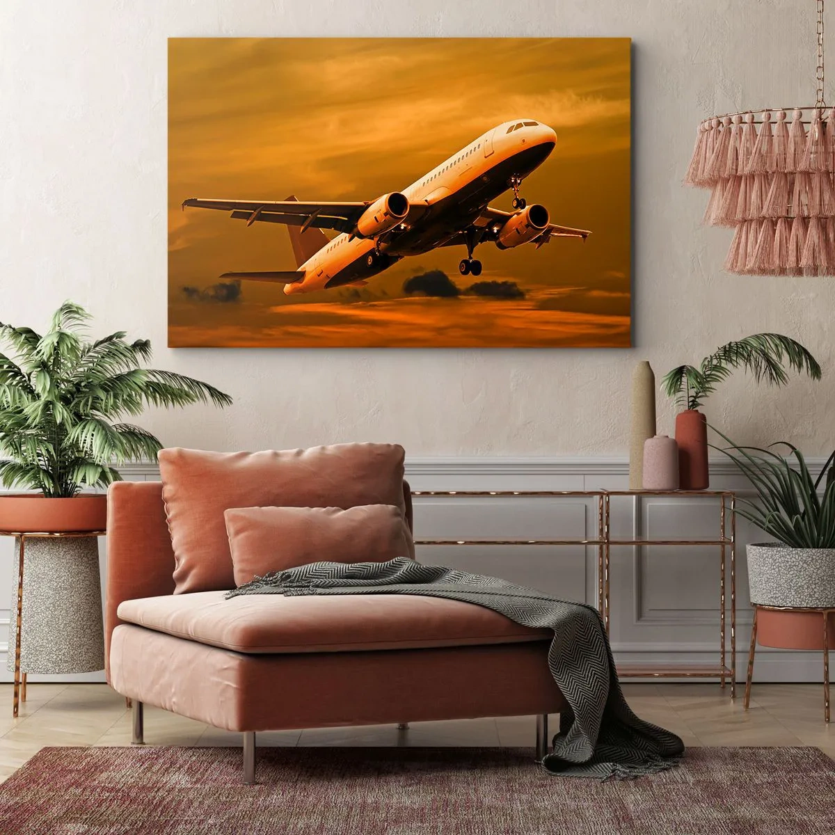 Vászonkép - Egy utasszállító repülőgép felszáll egy aranyló naplemente előtt. - 70x50cm - Repülés a nap felé - Modern fali dekoráció nappalihoz és hálószobához ARTTOR