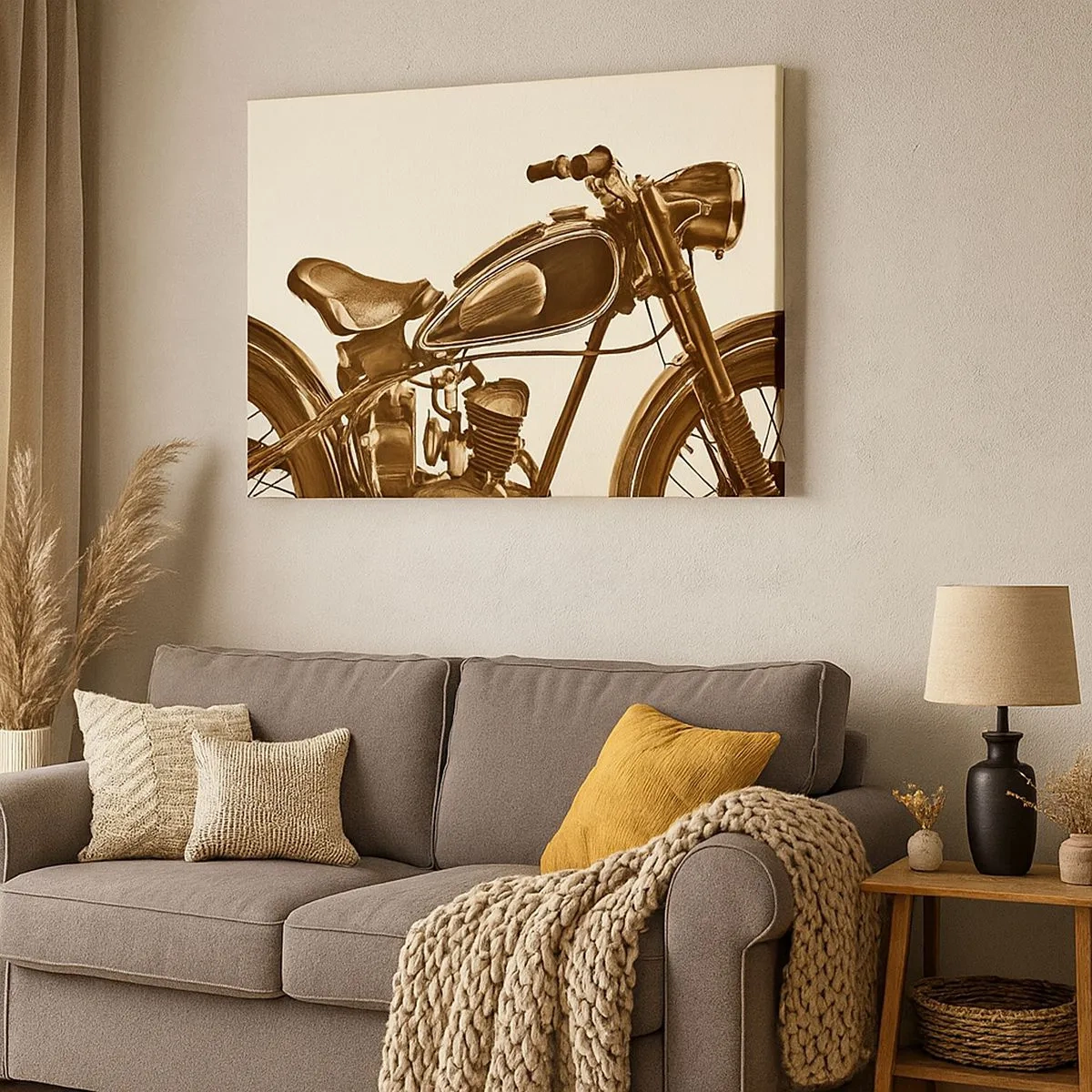 Vászonkép - Egy vintage retro motorkerékpár világos háttérrel - 70x50cm - Vágyva a klasszikusokra - Modern fali dekoráció nappalihoz és hálószobához ARTTOR