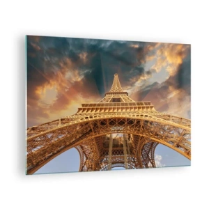 Üveg kép - Az Eiffel-torony féregszemszögből fotózva - 70x50cm - Ahogy az emberiség eljutott az egekig - Modern fali dekoráció nappalihoz és hálószobához ARTTOR