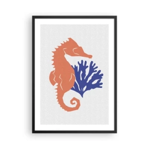 Poszter fehér keretben - Minimalista csikóhal és korall grafika - 50x70cm - Egy víz alatti réten - Modern fali dekoráció nappalihoz és hálószobához ARTTOR