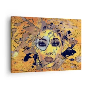 Vászonkép - Aranysárga tónusú nő absztrakt portréja - 70x50cm - Napos szépség - Modern fali dekoráció nappalihoz és hálószobához ARTTOR