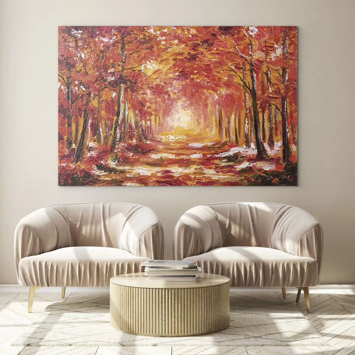Üveg kép - Őszi táj meleg színű fákkal - 70x50cm - Rézerdő - Modern fali dekoráció nappalihoz és hálószobához ARTTOR