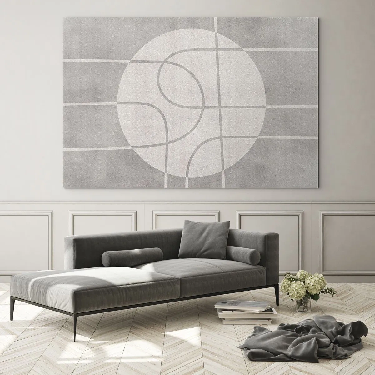 Üveg kép - Bézs vonalak és körök geometrikus kompozíciót hoznak létre - 70x50cm - Körkörös és egyenes - Modern fali dekoráció nappalihoz és hálószobához ARTTOR
