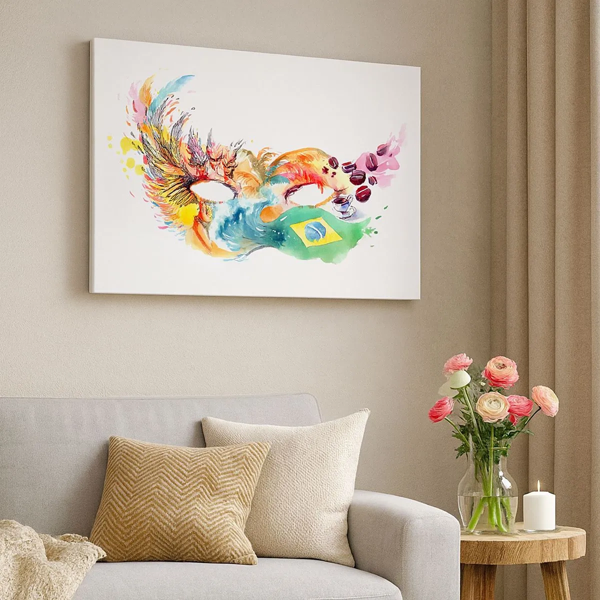 Vászonkép - Brazília ihlette színes akvarell maszk - 70x50cm - Brazília szambával üdvözöl - Modern fali dekoráció nappalihoz és hálószobához ARTTOR