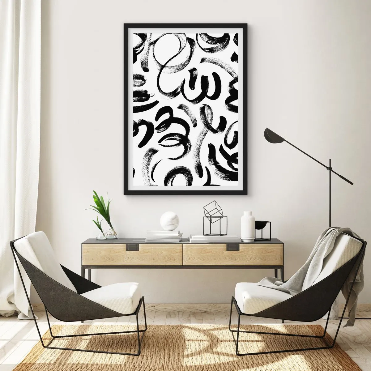 Poszter fehér keretben - Absztrakt fekete ecsetvonások fehér alapon - 50x70cm - Feketén-fehéren - Modern fali dekoráció nappalihoz és hálószobához ARTTOR