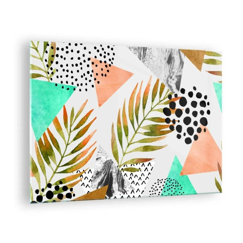 Üveg kép - Geometriai alakzatok és pasztellszínű levelek - 70x50cm - Dekoráció pálmalevéllel - Modern fali dekoráció nappalihoz és hálószobához ARTTOR