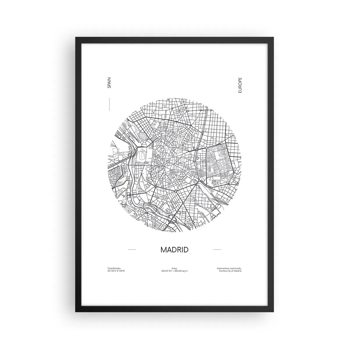 Poszter fehér keretben - Madrid minimalista fekete-fehér térképe. - 50x70cm - Madrid anatómiája - Modern fali dekoráció nappalihoz és hálószobához ARTTOR