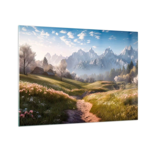 Üveg kép - Tavaszi táj völggyel, virágokkal és hegyekkel a háttérben reggel - 70x50cm - Idilli völgy - Modern fali dekoráció nappalihoz és hálószobához ARTTOR