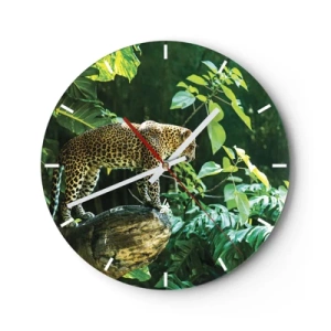 Falióra, Óra - Leopárd a dzsungelben, zöld levelek hátterében - 30x30cm - A vadászatra? - Modern fali dekoráció nappalihoz, konyhához és hálószobához ARTTOR