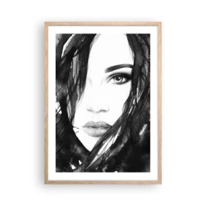 Poszter világos tölgy keretben - Fekete-fehér hölgy portréja - 50x70 cm