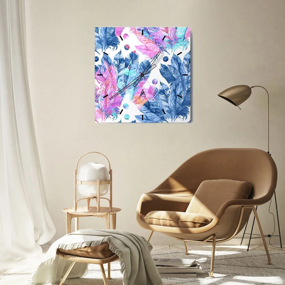 Falióra, Óra - Rózsaszín és kék tollak - 30x30 cm