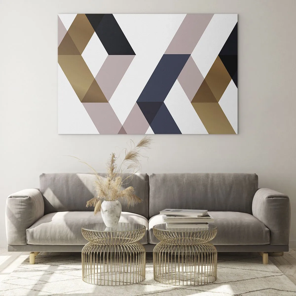 Üveg kép - Geometrikus minta arany és bézs árnyalatokban - 70x50cm - Síkok és szögek - Modern fali dekoráció nappalihoz és hálószobához ARTTOR