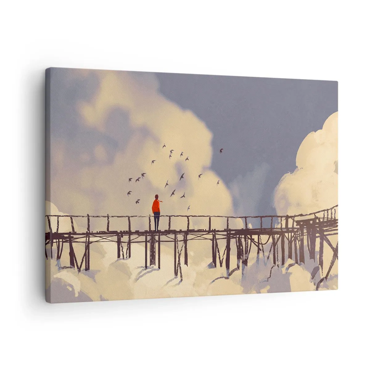 Vászonkép - Egy alak egy hídon a felhők között, madarakkal az égen - 70x50cm - Kék vágy - Modern fali dekoráció nappalihoz és hálószobához ARTTOR